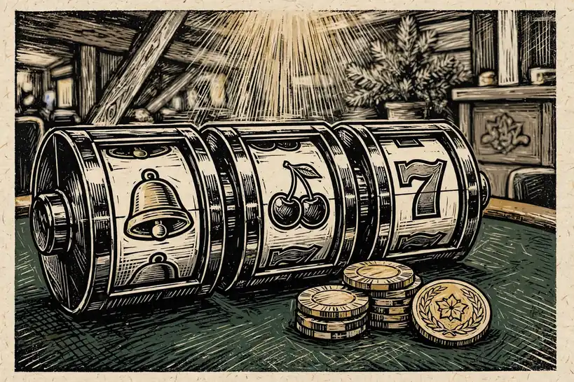 Slot-Walzen, Casino-Chips und eine goldene Münze auf einem Tisch mit warmem Licht.