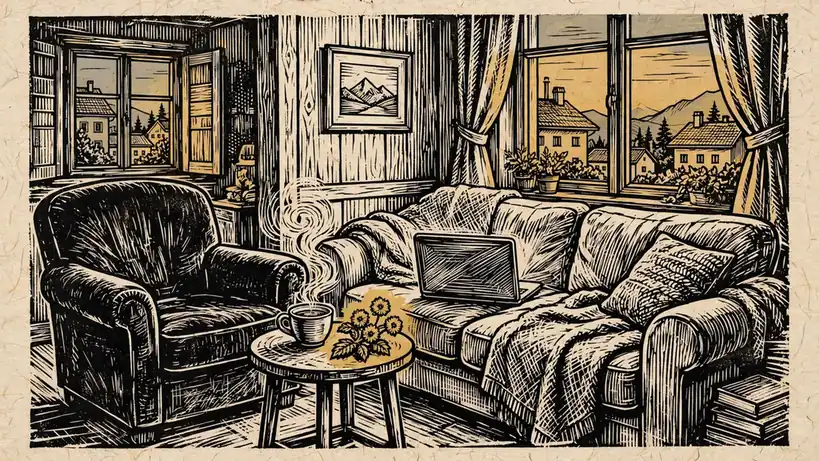 Wiener Wohnzimmer bei Dämmerung mit Sessel und Laptop
