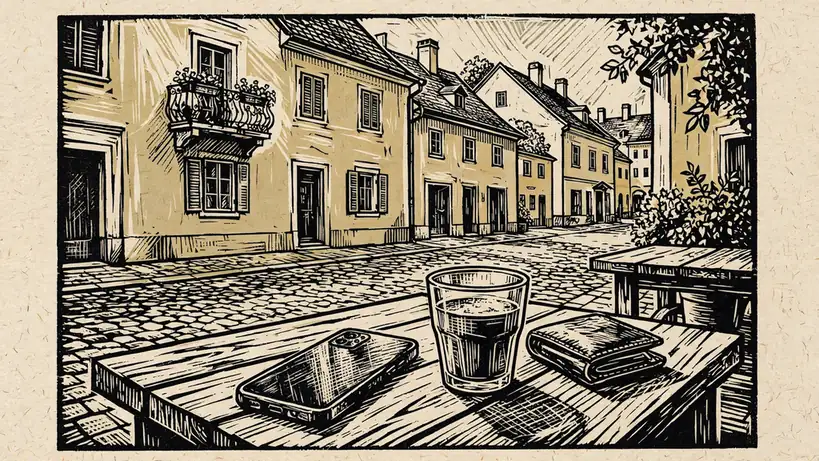 Smartphone auf einem Holztisch in einem österreichischen Café.