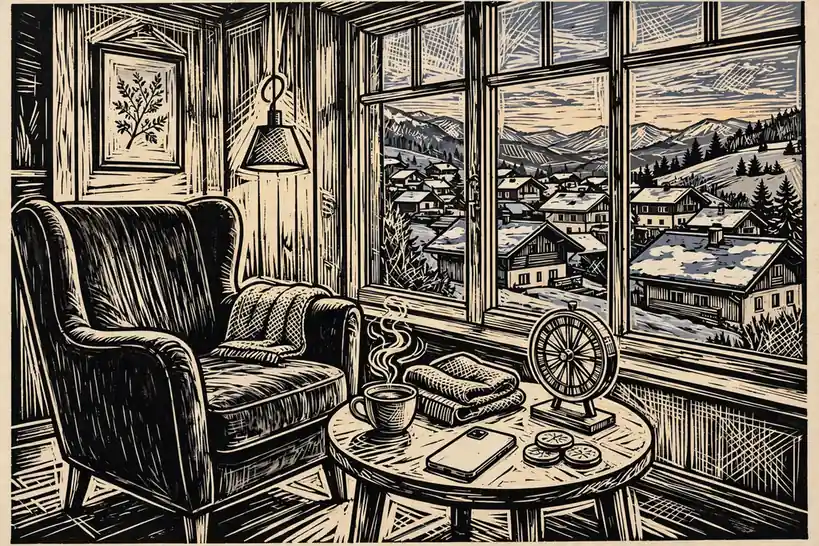 Gemütlicher Wohnraum mit Alpenblick, Chip-Stapel und kleinem Roulette als Dekoration.