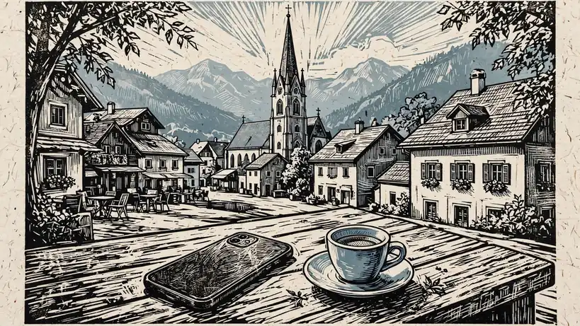 Smartphone mit Espresso auf einem Tisch in einer österreichischen Altstadt