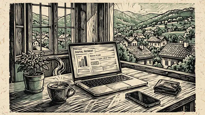 Heller Schreibtisch mit Laptop und Smartphone in einer österreichischen Wohnung