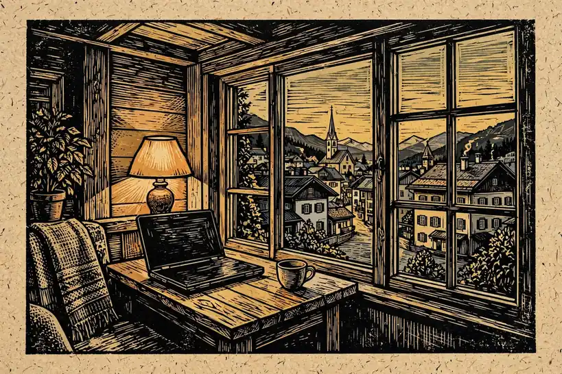 Abendliches Wohnzimmer in Österreich mit Laptop und Blick auf ein Alpendorf