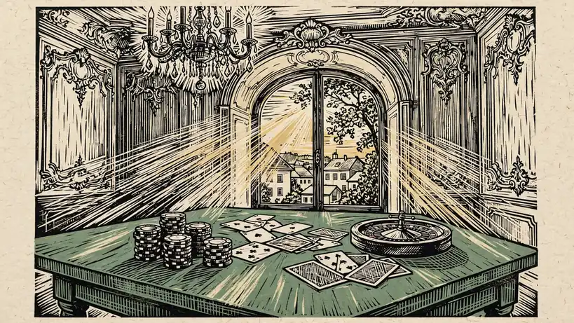 Elegante Holztisch mit Casino-Chips, Spielkarten und Roulette in österreichischem Ambiente