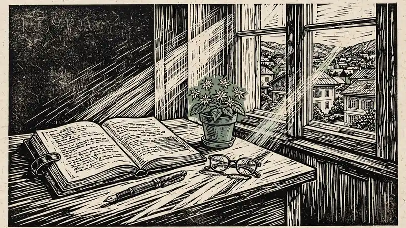 Schreibtisch mit juristischem Notizbuch, Brille und Edelweiß im Tageslicht.