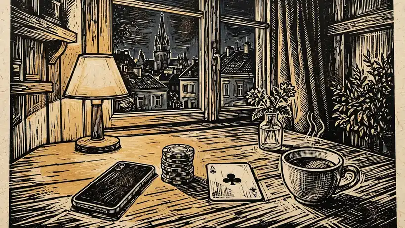 Wiener Wohnung mit Chips, Smartphone und Stephansdom-Silhouette am Abend.