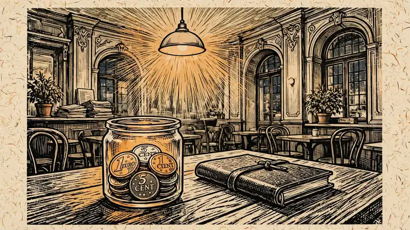 Wiener Kaffeehaus-Tisch mit einem Glas voller Euromünzen und kleinem Notizbuch.