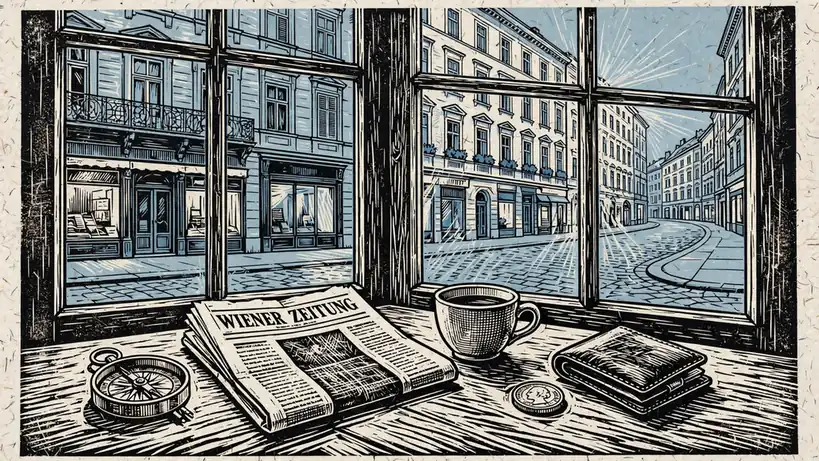 Wiener Kaffehaustisch mit Kompass, Zeitung, Tasse und Münze neben Geldbörse.