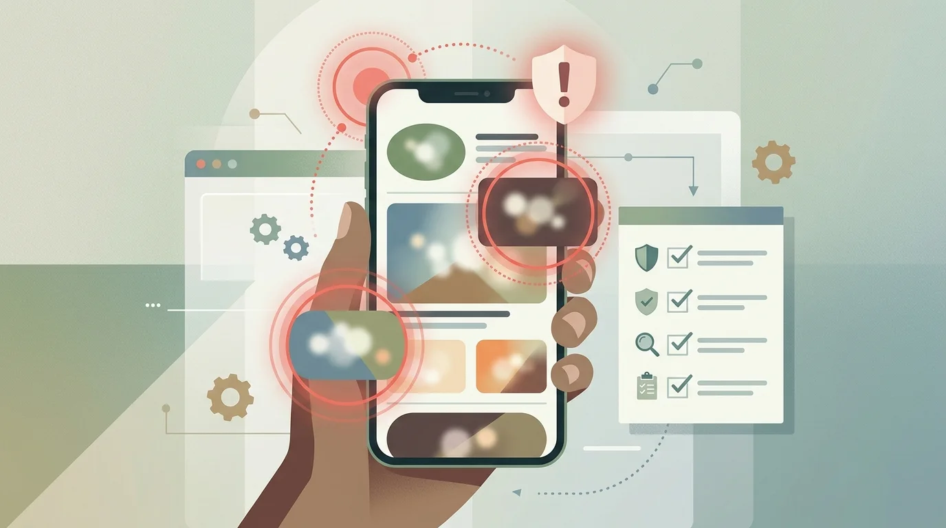 Smartphone mit unscharfen Werbekarten, Warnmarkierungen und Checkliste