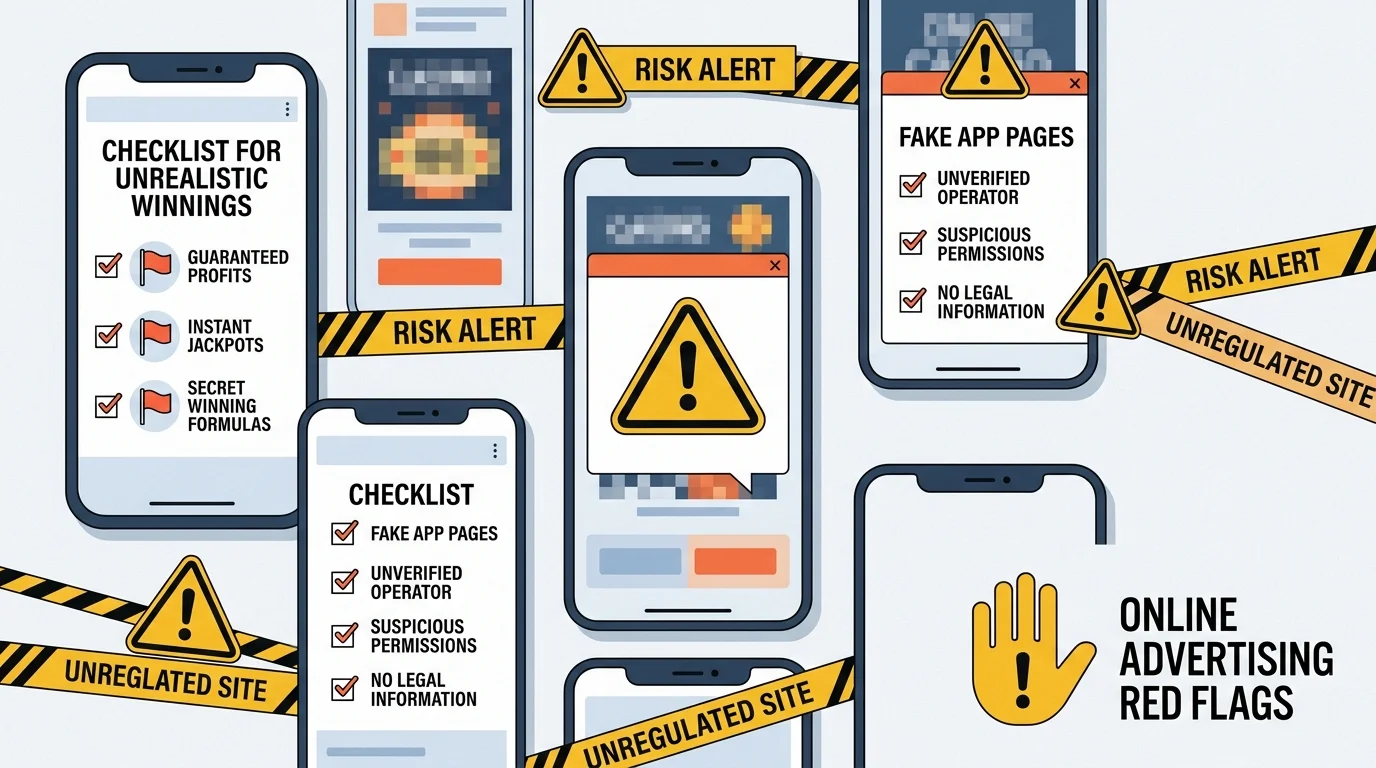 Checkliste mit Warnzeichen zu App-Werbung und unrealistischen Gewinnversprechen